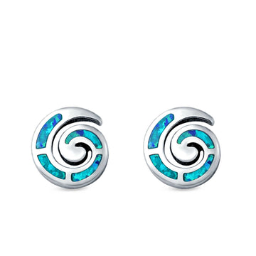 Spiral Swirl Stud Earrings Round Lab Created Blue Opal 925 Sterling Silver